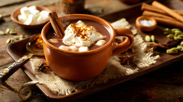 A steaming cup of Mexican hot chocolate with cinnamon sticks, garnished with whipped cream and chili powder, resting on a wooden tray.