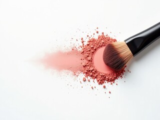 Blush makeup brush with pink powder on white background showcasing beauty cosmetics and facial product application concept