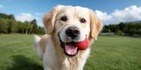 Playful Golden Retriever with a Red Ball Enjoying a Sunny Day at the Park