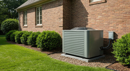 Exterior Air Conditioning Unit Gray Metal Horizontal Fins Residential Setting.