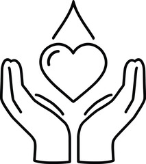 Caring Hands  Monochrome Vector Icon Depicting Protective Hands Holding a Heart with Droplet Symbolizing Healing & Compassion