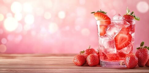 Strawberry cocktail with ice and fresh strawberries on a wooden table, against a pink background with a bokeh effect, copy space for text, suitable for a banner design.