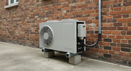 Exterior Residential Air Conditioner Unit Mounted on Brick Wall.