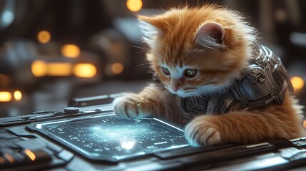 A cute orange kitten in futuristic battle armor is focused on a bright, glowing control panel in a dark high tech room.