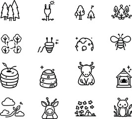 Fototapeta premium Eco Harmony Icons Monochrome Vector Set Celebrating Nature, Sustainability, and Wildlife with Trees, Bees Celestial Symbols