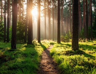 Obraz premium Sunlit Forest Path Green Grass and Sunlight Beams
