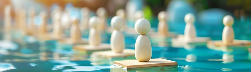 Wooden dolls walking across floating platforms shaped like hierarchy chart