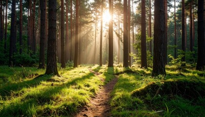 Fototapeta premium Sunlit Forest Path Green Grass and Sunlight Beams