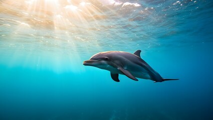 Obraz premium A dolphin swimming gracefully in the clear blue ocean with sunlight shining through water