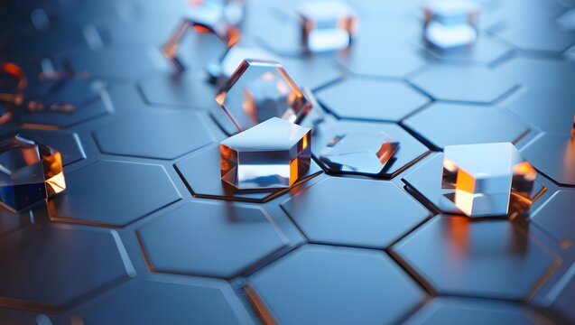Close up of clear crystal cubes on a blue and gray hexagonal patterned surface design