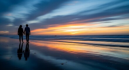 Couple walking hand in hand at sunset along a tranquil beach, reflecting serene, romantic moments and beautiful coastal landscapes.