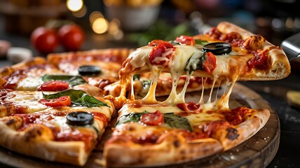 Close up of a delicious hot pizza with melted cheese stretching as a slice is lifted garnished with tomatoes and olives