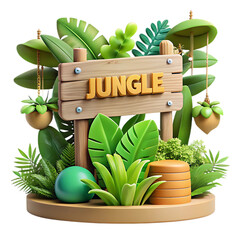 Jungle scene with wooden sign and lush vegetation isolated on transparent background