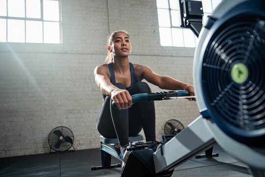 Focused Woman Rowing on Indoor Rowing Machine in Gym