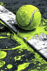 Dynamic graphic illustration of a tennis ball deconstructing into a vibrant green splash on the court line.