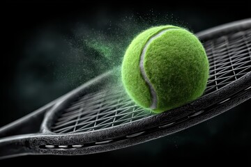 Explosive Impact, Close up of a Tennis Ball Hitting Racket Strings with a Burst of Energy