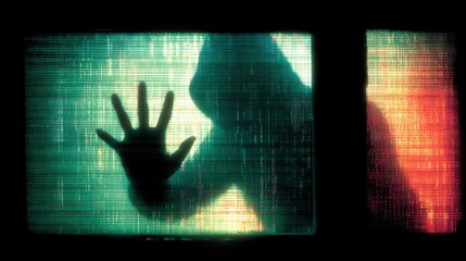 Cybersecurity Threat, Hooded Hacker Silhouette Trapped Behind a Glitching Digital Code Screen