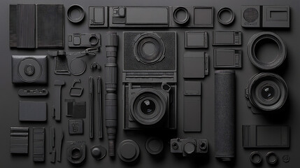 Obraz premium matte black photography equipment, including cameras and lenses, creating a tech-focused abstract background.