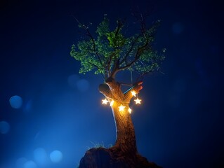 A tree adorned with star shaped lights standing against a dark blue night sky backdrop