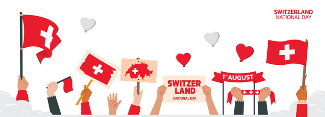 switzerland Independence Day Design, swiss independence attributes, August 1st design with people holding flags and maps, switzerland people fighting and celebrating independence