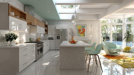 Sunlit mid century modern kitchen with minimalist vibe, painted brick walls, terrazzo flooring, lacquered cabinetry, retro bar stools, soft white colors, natural materials, vibrant accents