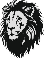 A powerful black and white graphic of a lion with a prominent mane, lion silhouette