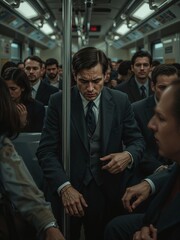 Obraz premium A man in a suit standing on a crowded subway train holding onto a pole looking downward intently now