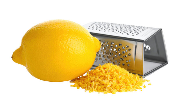 Grated lemon zest and fresh lemon on white background png