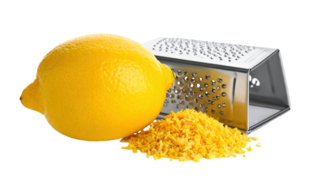 Grated lemon zest and fresh lemon on white background png