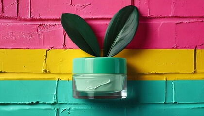Minimal Green Skincare Jar with Leaves on Colorful Brick Wall – Modern Natural Beauty Product, Eco-Friendly Cosmetics Design, Vibrant Decorative Concept for Advertising or Branding