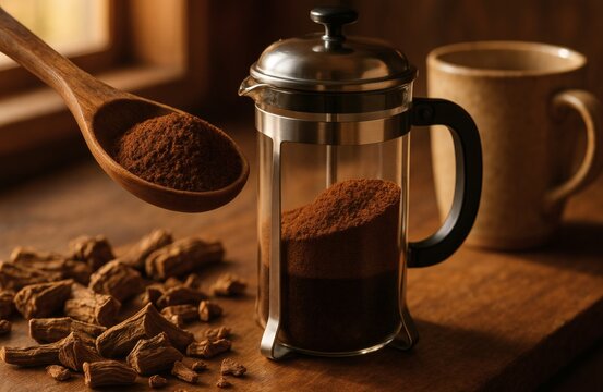 Ground Roasted Chicory Root in French Press with Wooden Spoon and Dried Root Pieces on Rustic Kitchen Table in Warm Daylight