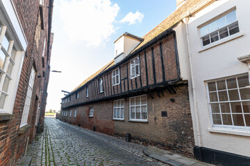 Hanseatic Warehouse in King's LynnKing's Lynn, England. South facade of Hanse House on St Margaret's Lane, the only surviving Hanseatic warehouse in England, with timber-framed and brick upper floors,