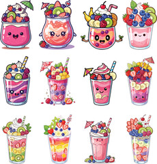 Cute Kawaii Smoothie Illustrations with Colorful Fruit Toppings &ndash; Vector Set