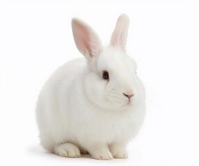 Fototapeta premium A high-resolution studio photograph of a white rabbit sitting still, isolated on a transparent background. Fluffy fur, upright ears, calm expression, perfect for Easter or pet content.