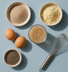 Flat Lay of Keto Baking Ingredients with Psyllium Husk, Almond Flour, Chia Seeds, Eggs, and Whisk on Pastel Blue Background
