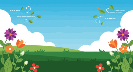 Flat Vector Spring Landscape with Blooming Flower Meadow, Rolling Green Hills, Light Blue Sky, and Stylized Breeze – Cheerful Seasonal Nature Scene in Minimalist Pastoral Style