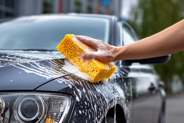 The man washing his car with sponge.
