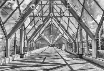 Walking inside Pushkinsky Pedestrian Covered Bridge in central Moscow, Russia