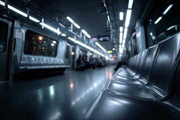 Fototapeta premium Hyperrealistic close-up of empty priority seat in Korean subway with vivid full color contrasted against black and white passengers, shallow depth of field and soft emotional lighting