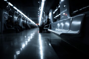 Obraz premium Hyperrealistic close-up of empty priority seat in Korean subway with vivid full color contrasted against black and white passengers, shallow depth of field and soft emotional lighting