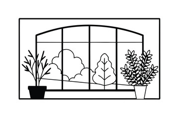 window view living room with indoor trees