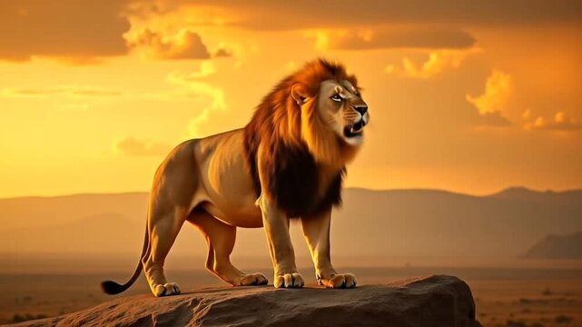 Portrait of a Lion standing on a rock roaring, India