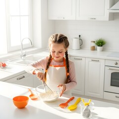 A young girl in a kitchen mixing ingredients, smiling while baking.