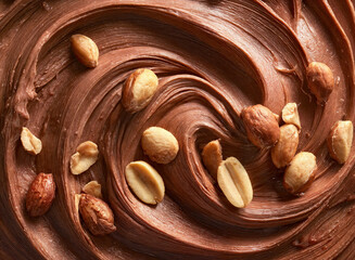 a swirl of chocolate frosting or spread with roasted peanuts scattered on top. The background is a smooth, shiny chocolate surface, creating a rich and decadent appearance.