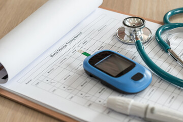 Diabetes, glucose testing record, blood sugar level test, glucometer, doctor's stethoscope medical...