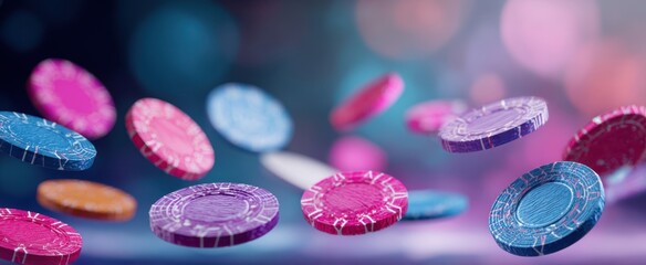 The vibrant collection of flying casino chips in a colorful atmosphere.