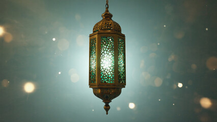 Ornate Hanging Lantern Glowing with Soft Green Light, ramadan kareem ornament