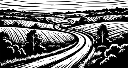 Obraz premium Winding country road, pastoral landscape, woodcut style, rural scene, design element, EPS Vector