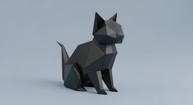 Modern geometric black cat sculpture in a low-poly style. A 3D rendered minimalist animal figurine on a solid background. - Powered by Adobe