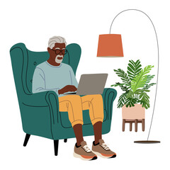 Flat vector illustration of a senior man in casual clothes and sneakers sitting in a mid-century modern armchair, working on a laptop. Isolated on white. Tech-savvy, relaxed, and independent.